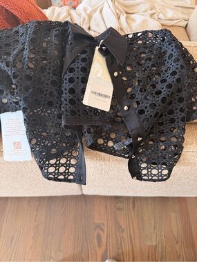 Black Eyelet Button-Down Shirt with Satin Trim